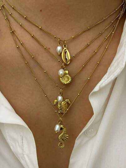 Monlansher 新款海洋风格女式不锈钢吊坠项链，带贝壳、海马、海星、海螺、海龟等海洋生物元素，时尚简约的设计，搭配淡水珍珠，适合日常佩戴