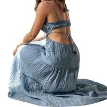 Women Summer Casual Long Dress Y2k Spaghetti Strap Bodycon Low Cut Dress V-Neck Sleeveless Solid Color Tie-Up High Backless Sexy Fashion Party Sling Maxi Dress - 藍色 - 查看 8