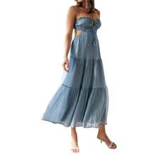 Women Summer Casual Long Dress Y2k Spaghetti Strap Bodycon Low Cut Dress V-Neck Sleeveless Solid Color Tie-Up High Backless Sexy Fashion Party Sling Maxi Dress - 藍色 - 查看 7
