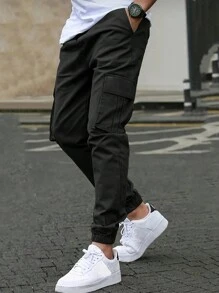 3pcs Teen Boy Casual Simple Outdoor Exercise Sports Pocket Straight Leg Cargo Pants, Suitable For School, Spring & Autumn & Winter - Black - View 3