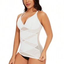Slimming Women Firm Tummy Control Shapewear V-Neck Camisole Cami Vest Abdomen Compression Tank Top Body Shaper Ladies Underwear Undershirts Shaping Tops Shirts Spaghetti Strap - White - View 2