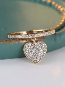 1 pezzo Anello a pendente con design a cuore creativo in rame con zirconia cubica, accessorio brillante adatto per Capodanno, San Valentino, feste e uso quotidiano - Oro giallo - Visualizzare 3