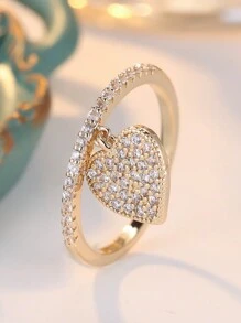 1 pezzo Anello a pendente con design a cuore creativo in rame con zirconia cubica, accessorio brillante adatto per Capodanno, San Valentino, feste e uso quotidiano - Oro giallo - Visualizzare 4
