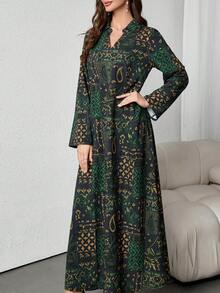 春冬新款印花长裙度假宽松女士印花优雅派对沙滩毕业典礼时尚晚礼服 - 綠色 - 查看 4