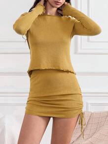 Women 2-Piece Knitted Outfits Solid Color Long Sleeves Sweater And Side Drawstring Mini Skirt Set For Streetwear - Yellow - View 4