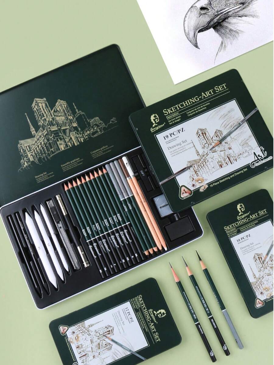Set de Materiales de Arte - Un Set de 10/12/19/27 Lápices de Boceto, Completo con una Caja de Metal Portátil y Lápices de Dibujo, Perfecto como Artículo Esencial y Regalo para Estudiantes de Arte y Aficionados.
