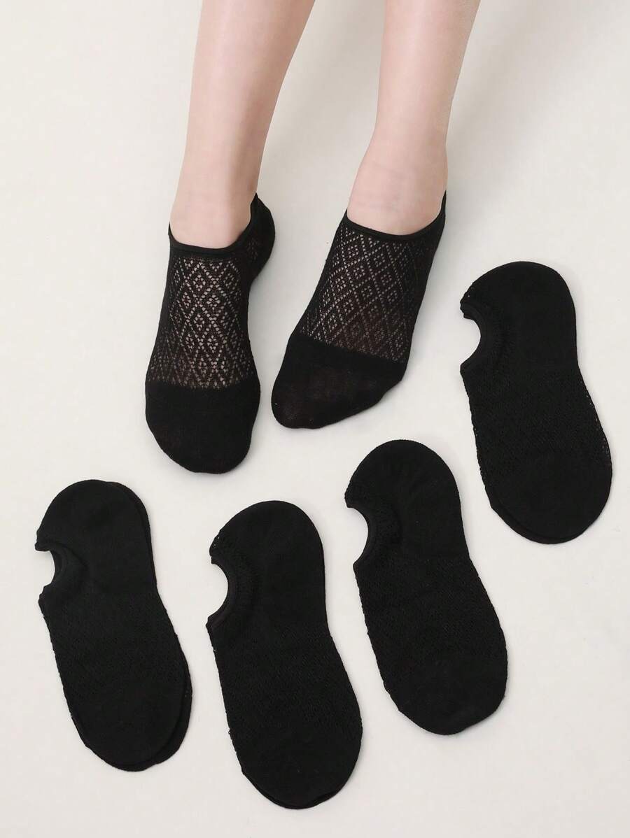 5 Pairs Women Summer Thin Invisible Black Socks Silicone Non-Slip Mesh Breathable Socks (Without Cardboard)