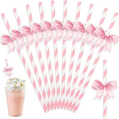 10 件粉色蝴蝶结一次性纸吸管（DIY 带点胶），粉色条纹吸管蝴蝶结派对装饰吸管，单身派对婚礼派对用品