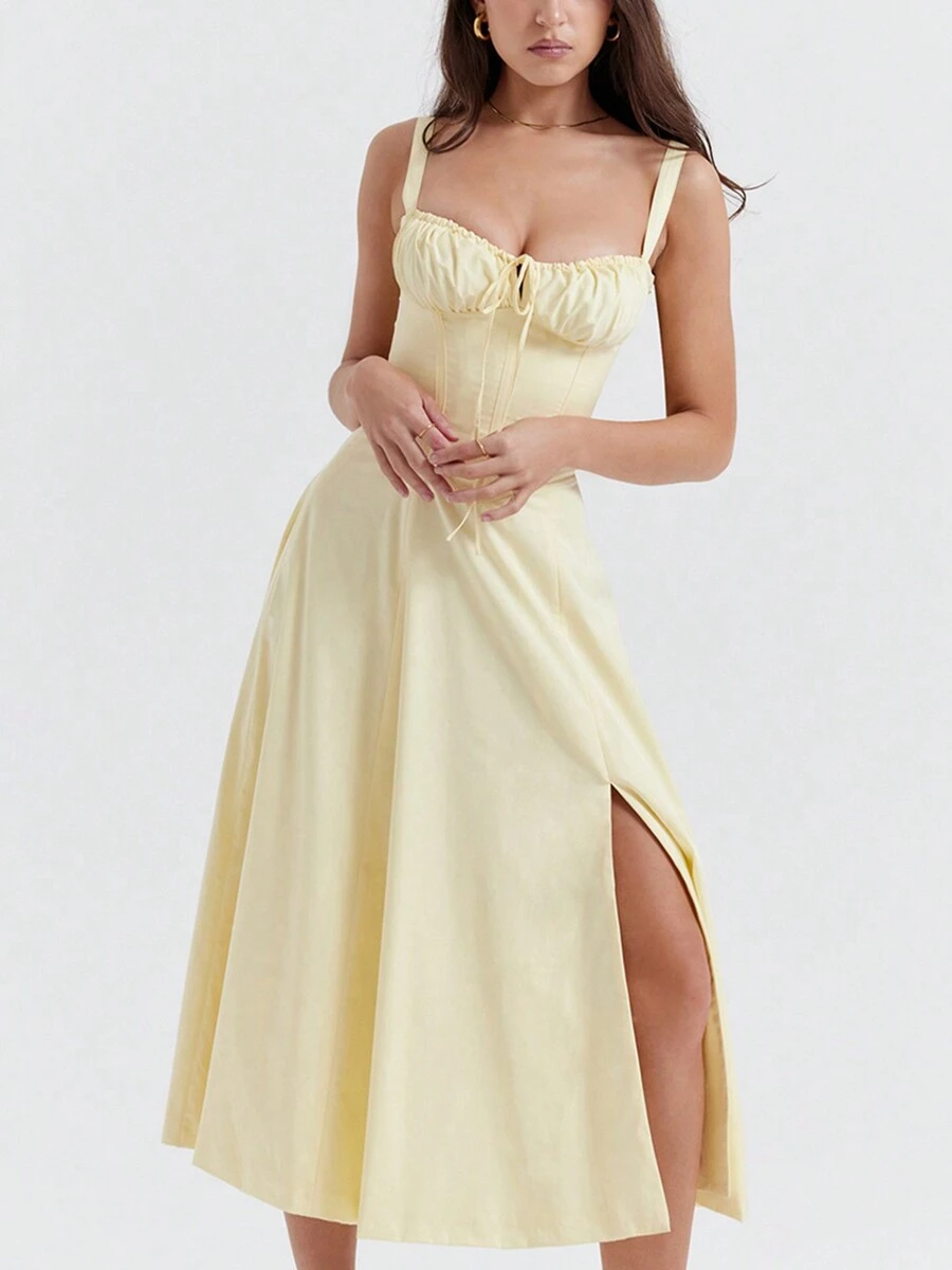 Women's Simple Casual Style Strap Dress With Ruched Neckline - Yellow - View 1