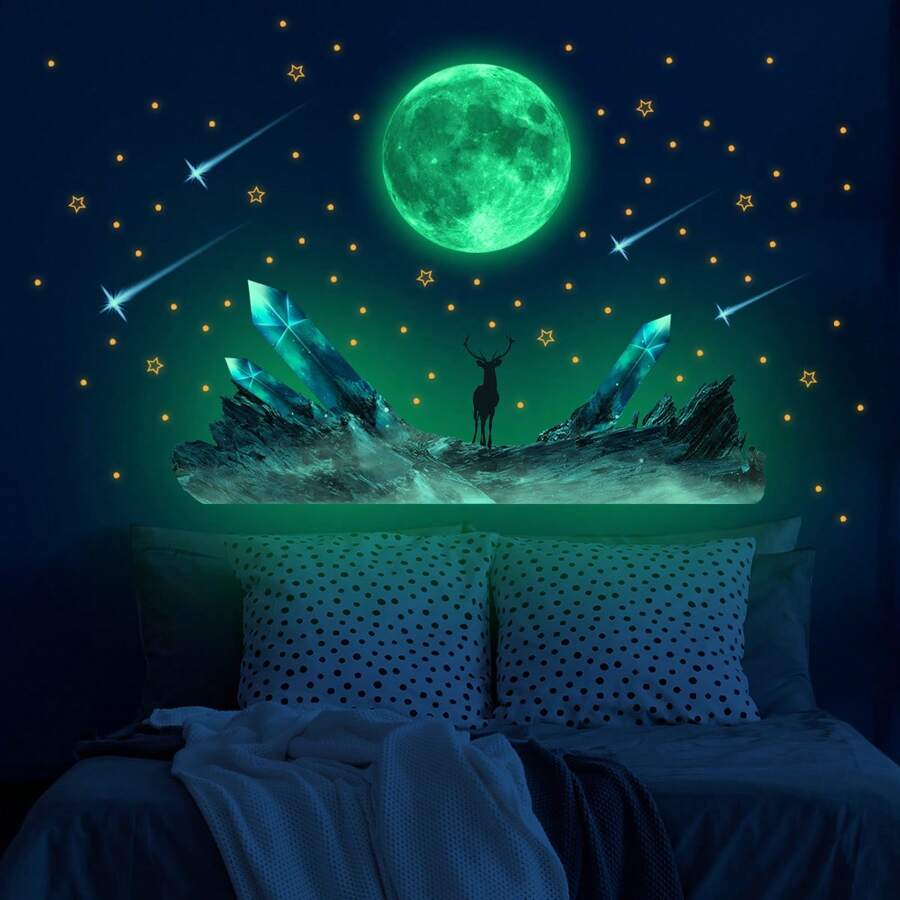 夜光贴纸、月亮和流星图案贴纸、PVC 墙贴,适用于卧室、客厅、自粘夜光贴纸、墙面装饰、房间装饰、家居装饰、浴室装饰、卧室装饰、房间装饰用品、客厅装饰、家居装饰、客厅墙纸、个性化贴纸 - 彩色 - 查看 1