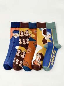 5 Pairs Of Men's And Women's Socks Four Seasons Multi-Color Cartoon French Classical Oil Painting Mona Lisa Retro Artistic Style Personalized Funny Fashion Daily Casual Tube Socks