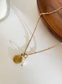 Monlansher Nuova collana alla moda in acciaio inossidabile con pendente a tema marino per donne, caratterizzata da vari elementi marini come conchiglie, cavallucci marini, stelle marine, tartarughe, decorata con perle d'acqua dolce, elegante e versatile per l'uso quotidiano
