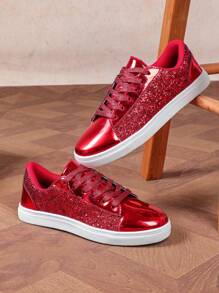 4 Seasons Men's Glitter Red Sequin Casual Shoes, Minimalist Fashion Streetwear Sneakers For Christmas Parties, Couples, New Year Holidays Gift, Skateboarding (For Wide Feet, Size Up) - 紅色 - 查看 2