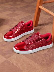 4 Seasons Men's Glitter Red Sequin Casual Shoes, Minimalist Fashion Streetwear Sneakers For Christmas Parties, Couples, New Year Holidays Gift, Skateboarding (For Wide Feet, Size Up) - 紅色 - 查看 4