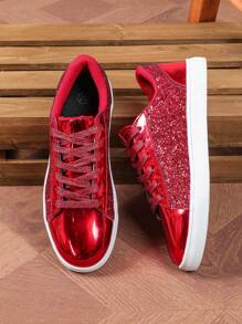 4 Seasons Men's Glitter Red Sequin Casual Shoes, Minimalist Fashion Streetwear Sneakers For Christmas Parties, Couples, New Year Holidays Gift, Skateboarding (For Wide Feet, Size Up) - 紅色 - 查看 3