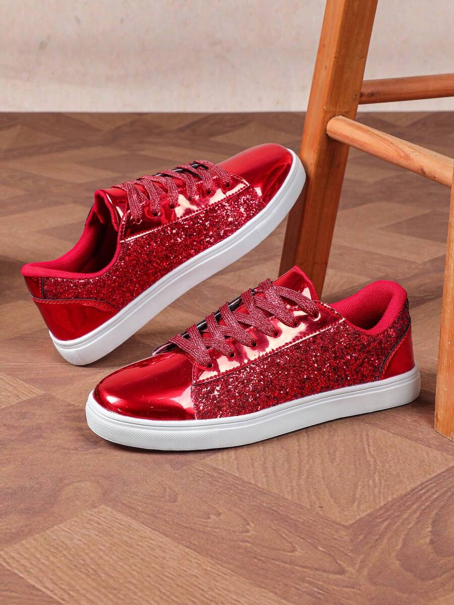 4 Seasons Men's Glitter Red Sequin Casual Shoes, Minimalist Fashion Streetwear Sneakers For Christmas Parties, Couples, New Year Holidays Gift, Skateboarding (For Wide Feet, Size Up) - 紅色 - 查看 1