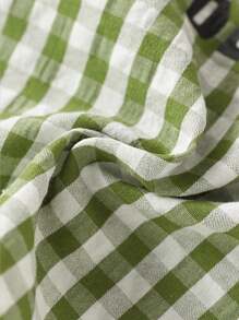 1 件装年轻男孩休闲校园风格撞色拼布口袋背面卡通印花格子长袖衬衫，春/秋 - 綠色 - 查看 5