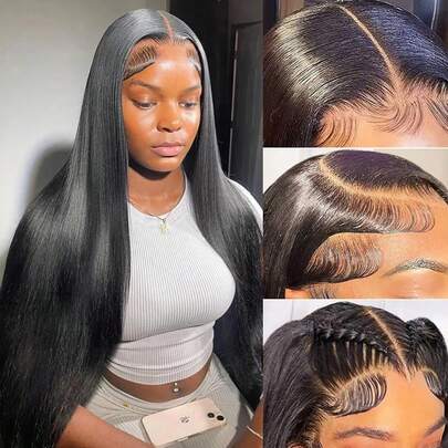 36 英寸 13x4 蕾丝前假发 人发直发 蕾丝前假发 人发 180% 密度前假发 人发预拔 女士无胶假发 带婴儿发 女士假发 人发无胶假发 6-36 英寸