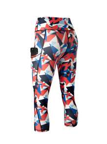 3 件/套大码印花紧腰瑜伽裤带口袋，高腰瘦身收腹运动紧身裤，健身短款瑜伽裤 - 彩色 - 查看 3