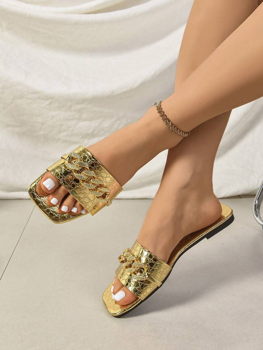 New Chain Golden Flat Slippers Squared Toe Peep-Toe Slip-On Sandals For Women