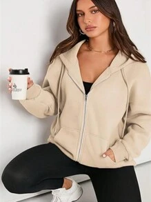 Women's Hoodie Fall Jacket Oversized Sweatshirt Casual Zipper Hoodie With Pockets - 卡其色 - 查看 3