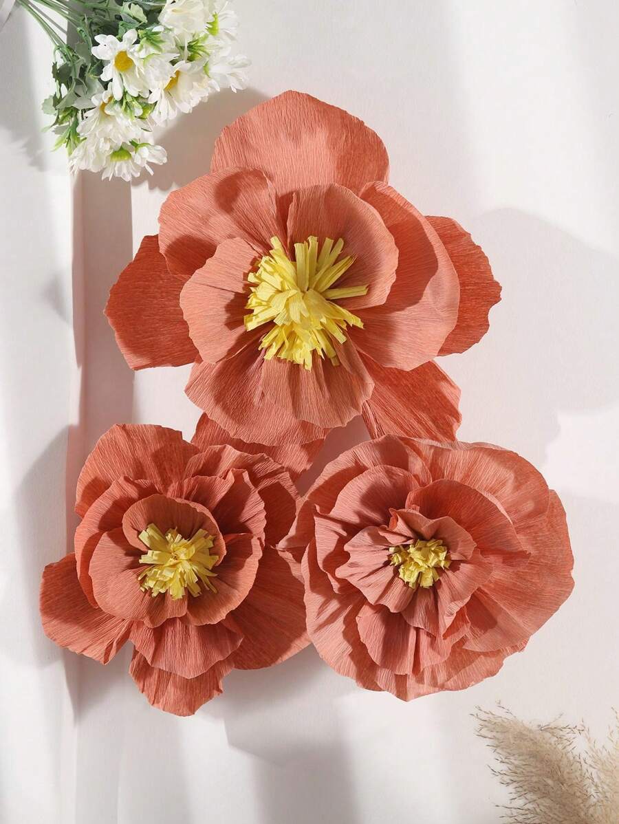 1/3pcs Crinkle Paper Flowers Decor Prop, DIY Wedding Home Decoration, Dried Rose Color Paper Flower For Party Background, Suitable For Birthday Party Wall Arch Valentine's Day Decor, Festival Atmosphere Paper Flower - Rusty Rose - View 1