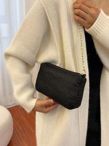 闪亮水钻链条肩带单肩包，时尚拉链手拿包，优质腋下包 - 黑色 - 查看 7