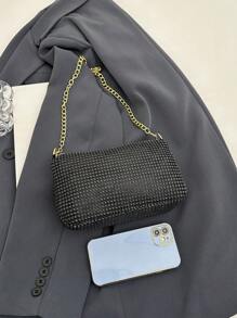 闪亮水钻链条肩带单肩包，时尚拉链手拿包，优质腋下包 - 黑色 - 查看 3