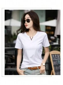 Casual Short Sleeve T-Shirt For Women With V-Neck, Women's T-Shirts, Basic T-Shirts, Sports T-Shirt, Breathable T-Shirt, Casual Lady Blouse, Top Blouse, Elegant Blouses - 白色 - 查看 3