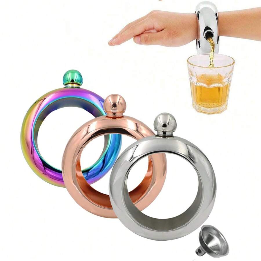 1pc 3.5OZ Liquor Flask For Women With Funnel - Party Hand Size Flagon, Stainless Steel Bangle Bracelet Flask Set Wine Wrist Jewelry For Women Girls Men, Valentine's Day Gift For Father Husband Boyfriend, For Outdoor, Camping - Multicolor - View 1
