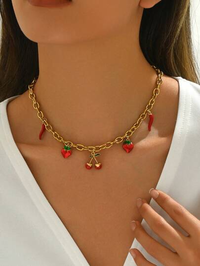 LIEBEIRIS 1 pieza Collar colgante de cerechas, fresas y pimientos picantes enchapado en oro de 18K, apto para uso diario de mujeres y como regalo
