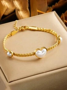 1pc Pearl Heart Stainless Steel Bracelet, Suitable For Women's Daily Wear - Gold - View 1