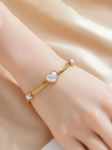 1pc Pearl Heart Stainless Steel Bracelet, Suitable For Women's Daily Wear - Gold - View 2