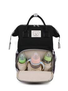 1 件熊印花色块装饰尼龙婴儿奶瓶手提袋，大容量拉链封口，便携式设计适合妈妈日常使用