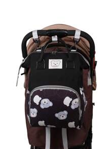 1 件熊印花色块装饰尼龙婴儿奶瓶手提袋，大容量拉链封口，便携式设计适合妈妈日常使用