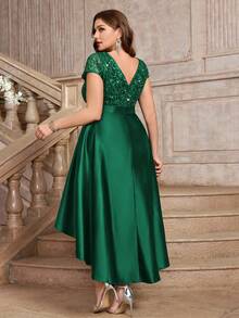 Plus V-Neck Lace Sequin Insert Contrast Satin High Low A-Line Hem Evening Party Formal Dress, Prom Dress, Wedding Guest Dress, Fall Dress, For Birthday, Homecoming, Festivals - Dark Green - View 3