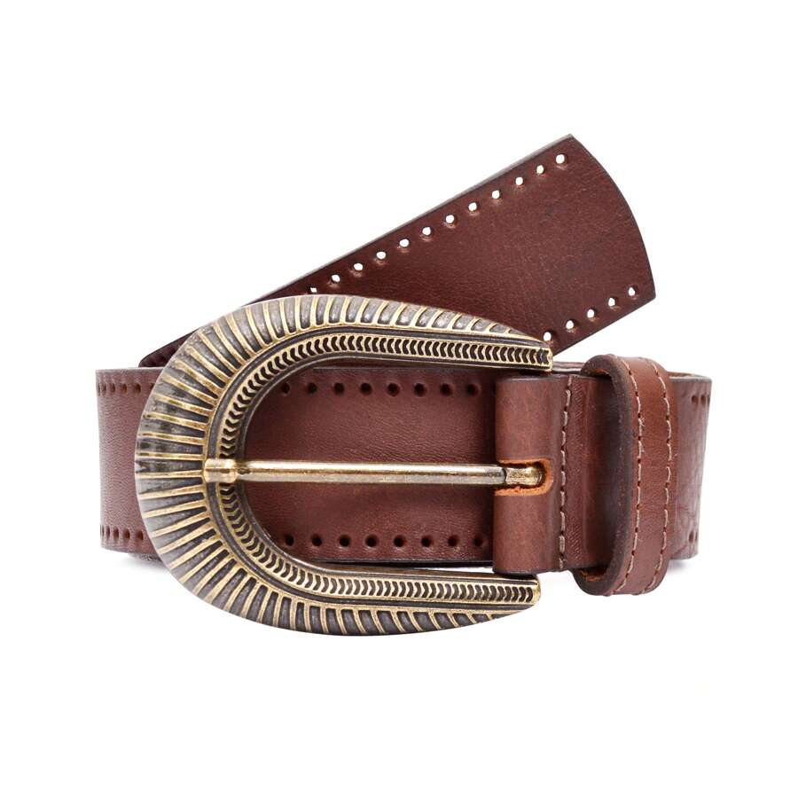 Cinto Feminino Country de Couro 35mm com Fivela Circular Dourada - Preto, Marrom e Caramelo - 35533