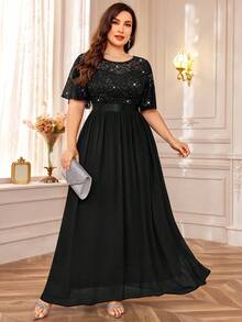 MIUSOL Plus Sequin Floral Lace Butterfly Sleeve Chiffon Pleated Hem Evening Party Long Dress - 黑色 - 查看 3