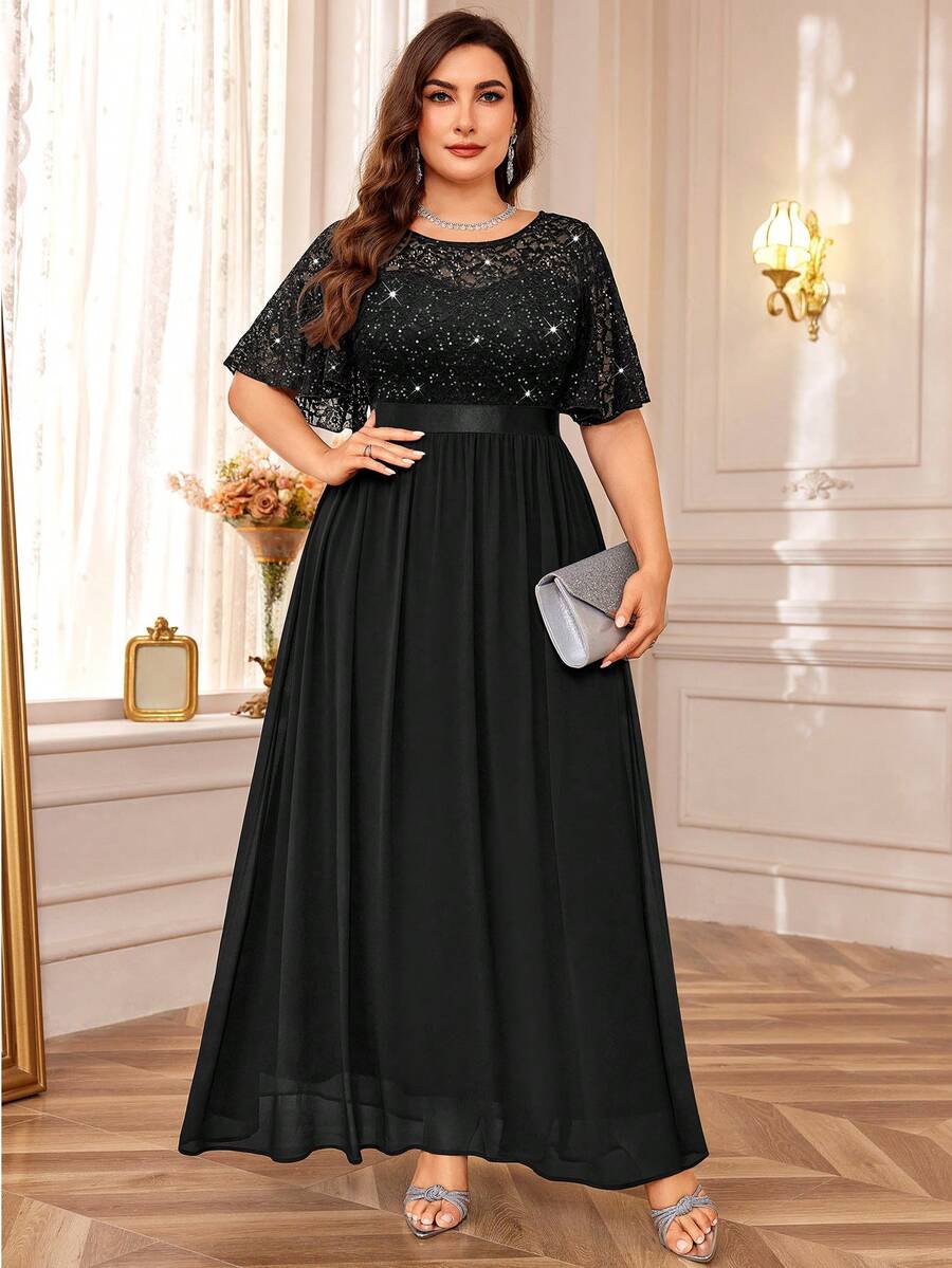 MIUSOL Plus Sequin Floral Lace Butterfly Sleeve Chiffon Pleated Hem Evening Party Long Dress - 黑色 - 查看 1