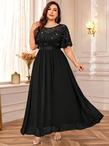 MIUSOL Plus Sequin Floral Lace Butterfly Sleeve Chiffon Pleated Hem Evening Party Long Dress - 黑色 - 查看 4