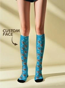 1 Pair Custom Face Knee High Socks, Custom Face Socks, Custom Photo Sock, Custom Printed Socks, Personalized Funny Face Socks, Custom Picture Socks, Put Any Face On The Socks, Anniversary Gift, Valentine Gift, Birthday Gift, Wedding Gift, Mother's Day Gift, Father's Day Gift, Best Friend Gift, Gift For Mom/Dad, Gift For Girlfriend/Boyfriend, Gift For Her/Him,Colorful,Cute,Adorable,Contracted,Funny,Custom,Unique,Customized,Personalized,Ideal Gifts For Him,Ideal Gifts For Her,Boyfriend,Girlfriend,Family,Friends,Her - Pink - View 2