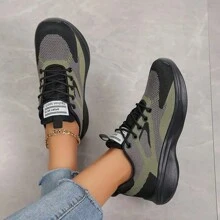 Women's Casual Athletic Sneakers - Breathable Mesh Running Shoes With Soft, Comfortable Lace-Up Design, Geometric Pattern, All-Season Low-Top In Gray/White/Green With MD Sole - Hand Or Dry Clean Only