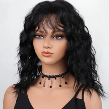 2025 Natural Messy Medium Length Black Curly Hair, Woman Wig With Bangs ,High-Quality Synthetic Wig, Suitable For Daily Gatherings And Halloween Wigs Christmas Wigs - Black - View 4