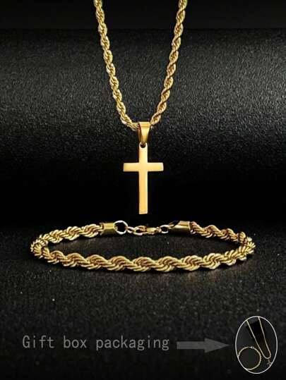 2 piezas Conjunto de regalo elegante de pulsera de acero inoxidable con cuerda trenzada y collar con colgante de cruz de cuerda trenzada, minimalista, adecuado para fiestas y uso diario