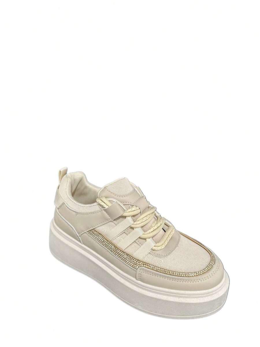 Women's Rhinestone Decorated Thick Sole Casual Sneakers For Daily Wear - Beige - View 1