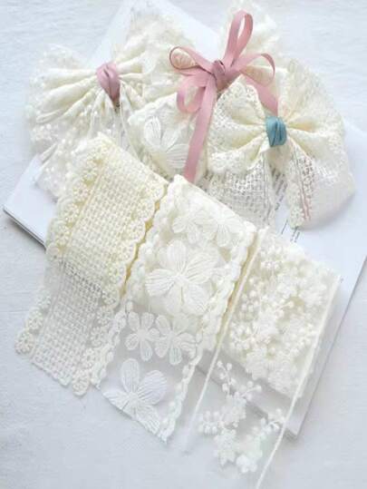 1yard Handmade Ivory Mesh Embroidered Floral Lace Ribbon Bowknot Hair Accessory Materials