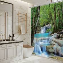 Nature Waterfall Shower Curtain Mountain Forest Landscape Bath Curtains For Bathroom Decor Waterproof Polyester Fabric Bathtub Screen With 12 Hooks Fall Decor Bathroom Accessories - Multicolor - View 3
