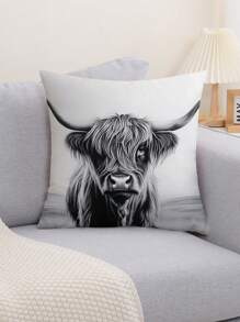1pc Highland Cow Print Cushion Cover, Modern Fabric With Plush Printed Pillow Case For Living Room Sofa Home Decor, No Filling Included Gifts Birthday Graduation - Multicolor - View 2