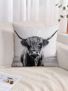 1pc Highland Cow Print Cushion Cover, Modern Fabric With Plush Printed Pillow Case For Living Room Sofa Home Decor, No Filling Included Gifts Birthday Graduation - Multicolor - View 4