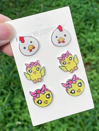 3 Stücke Hahn & Ente Acryl Ohrringe Schmuckset, süßes & minimalistisches vielseitiges Accessoire für Frauen